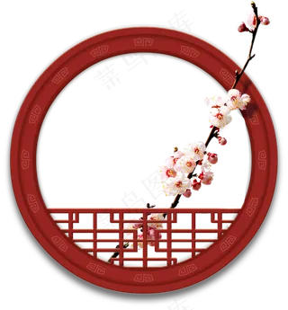 红色中国风一支红杏梅花出窗合成PNG