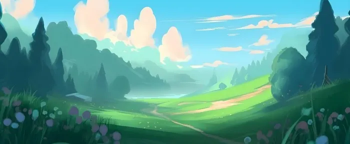 春天蓝天白云草原绿色树草地手绘插画海报素材背景(6848x2816)