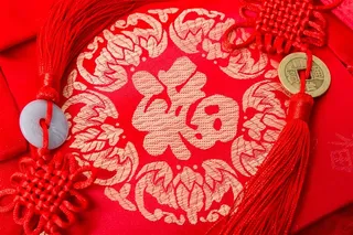 红喜春节福气福袋排列摆拍