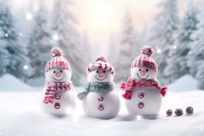 冬天雪人在雪地里森林雪景摄影图