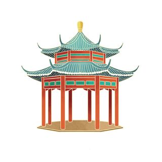 复古中国风国潮古建筑插画手绘高楼古塔PSD素材亭子png免抠图