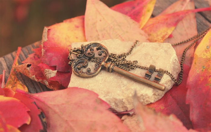 红色的叶子和铜钥匙