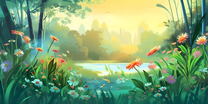 春天夕阳花丛草丛森林手绘插画海报素材背景(6144x3072)