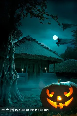 万圣节鬼屋前大树下的南瓜灯图片
