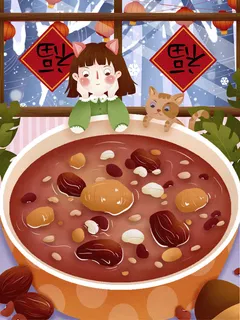 中国传统节日手绘卡通腊八节腊八粥插画海报PSD格式设计素材