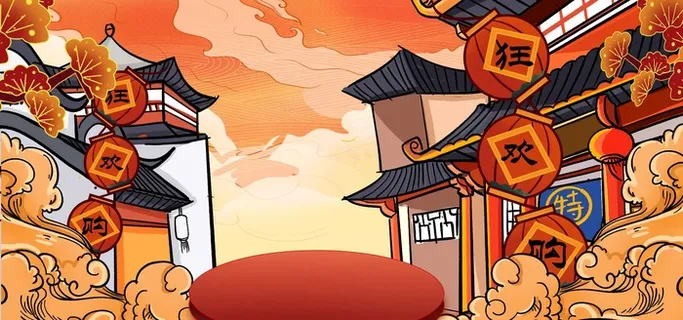 2022年货节展板海报psd模板国潮插画狂欢购