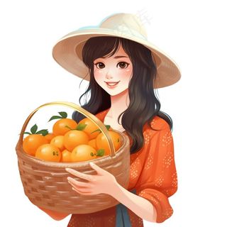 抱着一篮橘子的少女卡通插画免抠