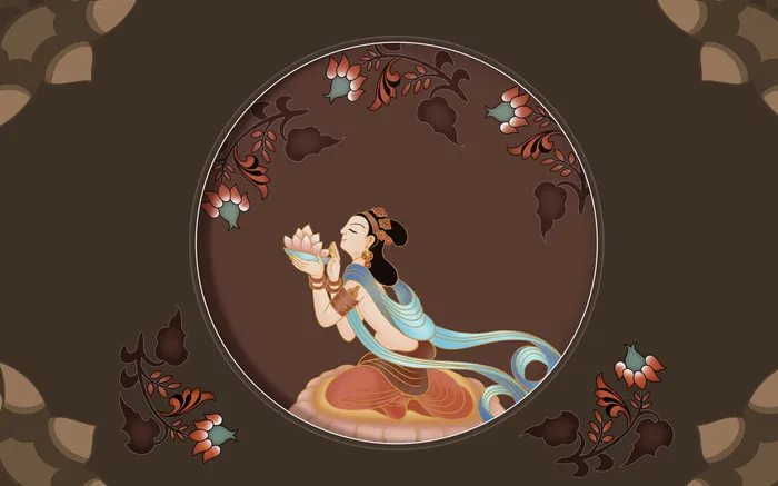 复古中式国潮风敦煌花纹装饰图案花卉藻井肌理圆形边框素材(9071x5669)psd模版下载