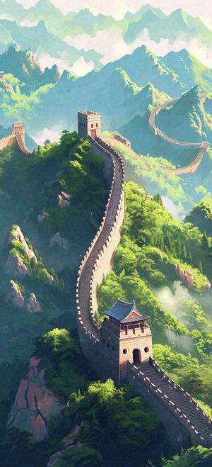 宏伟万里长城青山绿植，中国风建筑插画