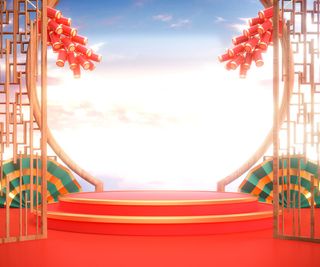 中国风古典喜庆C4D背景图3D国潮场景促销活动海报PSD设计素材模板