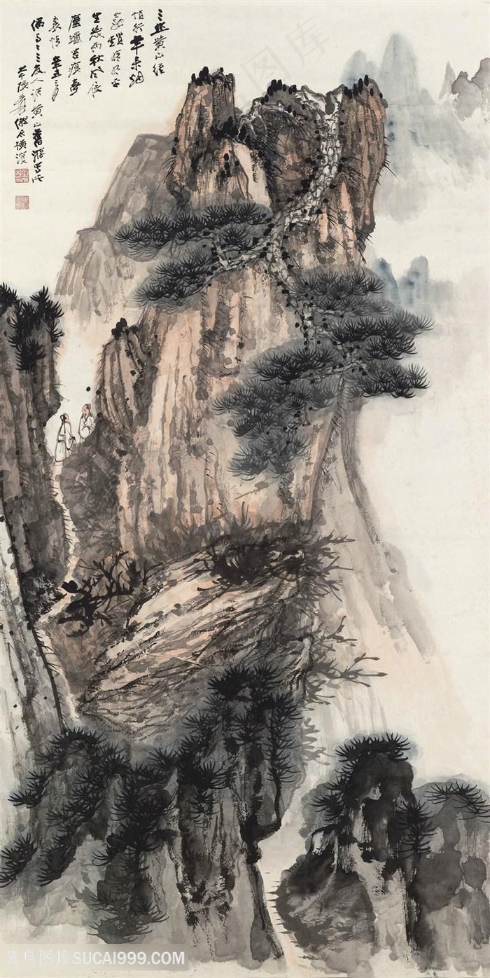 张大千手绘水墨巍峨山脉风景画