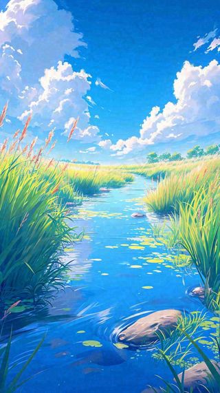 蓝天白云草地溪流春天阳光灿烂的日子春分春风，插画手绘