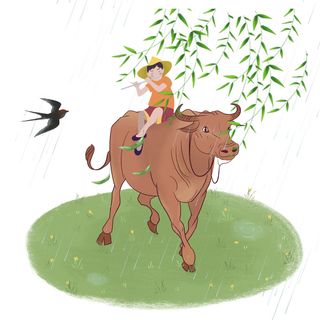 清明清明节卡通牧童吹笛子