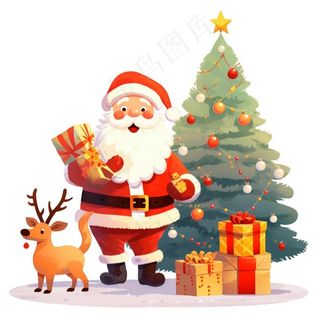 圣诞老人圣诞树礼物驯鹿卡通插画免抠