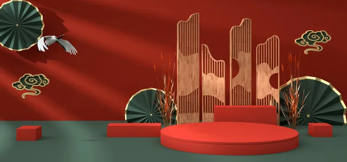 中国风国潮电商促销首页海报C4D背景图3D场景立体设计PSD素材模板