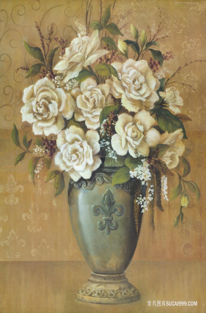 唯美花卉花瓶白玫瑰插画