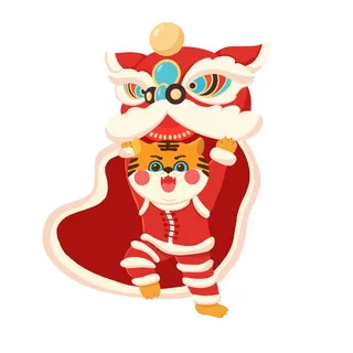 新年春节虎年元宵手绘人物舞狮卡通狮子头插画元素PSD设计素材