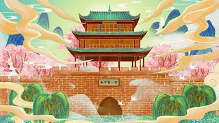 中国风国潮古建筑地标城市古风建筑阁楼印象地标手绘插画PSD素材