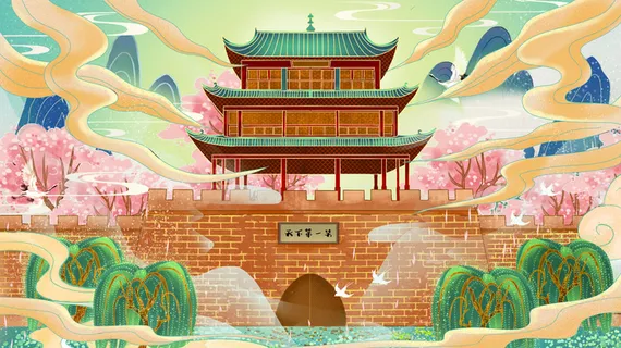 中国风国潮古建筑地标城市古风建筑阁楼印象地标手绘插画PSD素材 中国风国潮古建筑地标城市古风建筑阁楼印象地标手绘插画PSD素材