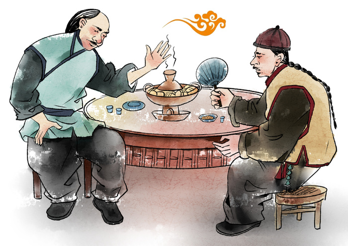 古代老北京火锅店水墨人物刷羊肉卡通插画