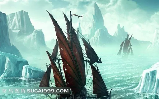 超大尺寸-幻想艺术插画冰山海洋与航行的帆船场景大图
