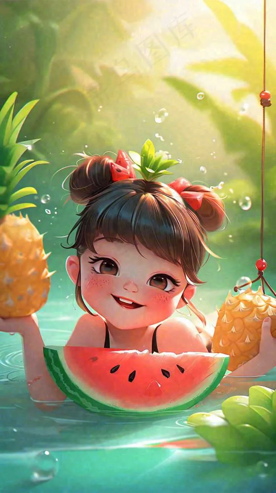 夏日清爽游泳儿童戏水，水果西瓜清凉，夏至大暑小暑(816x1456)