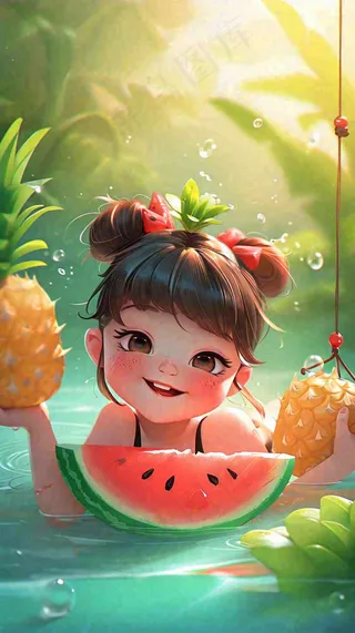 夏日清爽游泳儿童戏水，水果西瓜清凉，夏至大暑小暑