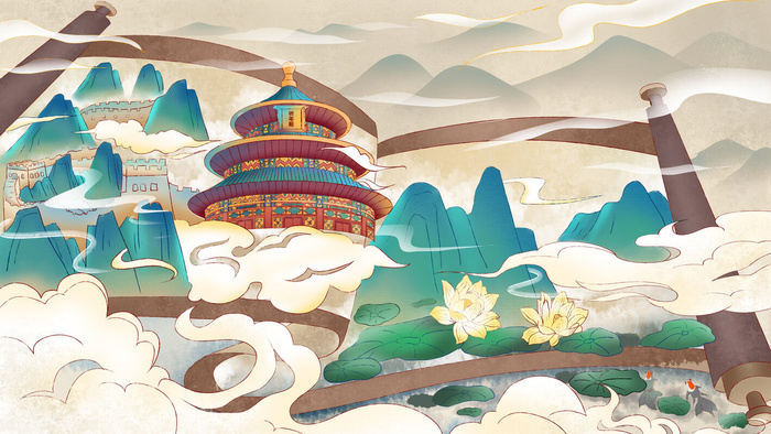 中国风国潮烫金仙鹤山水古建筑风景装饰插画背景PSD分层设计素材