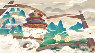 中国风国潮烫金仙鹤山水古建筑风景装饰插画背景PSD分层设计素材