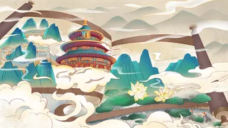 中国风国潮烫金仙鹤山水古建筑风景装饰插画背景PSD分层设计素材