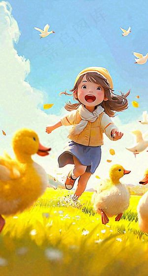 儿童节可爱鸭子奔跑，蓝天白云草地童真玩耍，清新插画