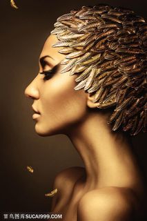 头戴金色羽毛的古典性感美女 国外高清时尚美女