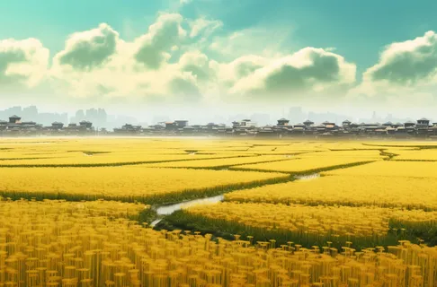 大片稻田和云朵淡黄色摄影图