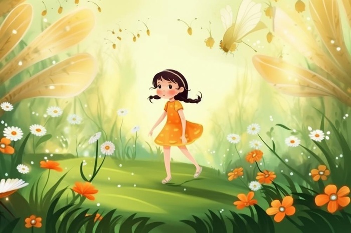 清新鲜花蝴蝶仙女精灵插画背景(1344x896)