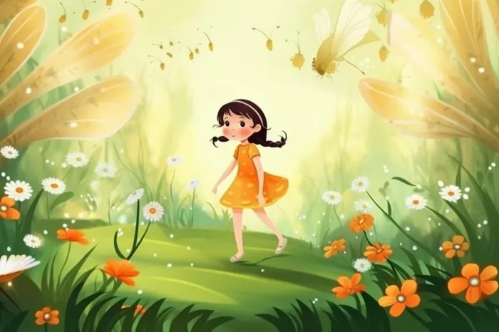 清新鲜花蝴蝶仙女精灵插画背景(1344x896)