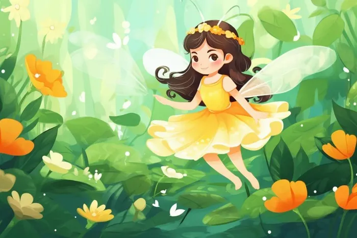 清新鲜花蝴蝶仙女精灵插画背景(1344x896)