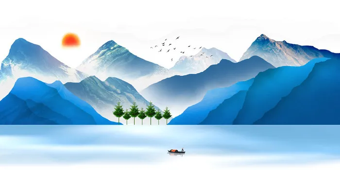 蓝色水墨山水背景psd模版下载