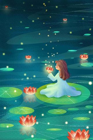 卡通扁平处暑节气池塘少女河灯夏夜插画