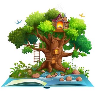 大树上的木屋树屋书本卡通插画免抠