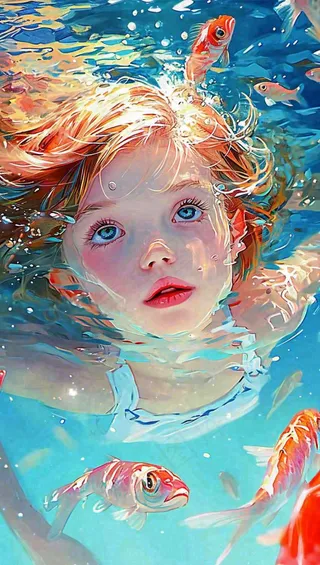 海底世界金鱼鱼类和小女孩人物游泳