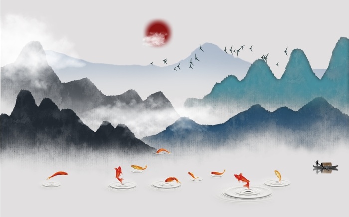 中式水墨山水背景psd模版下载