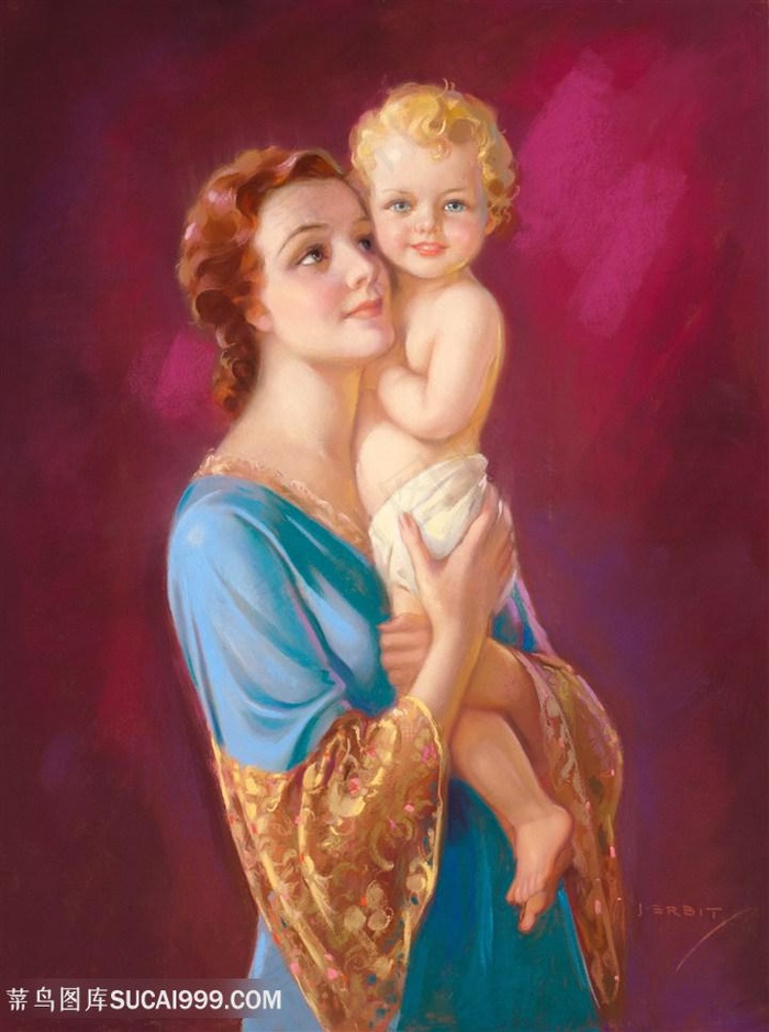 欧美水彩画母女时尚插画