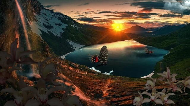 山, 湖, 日落, 雪, 花朵, 昆虫, 自然, 景观, 云