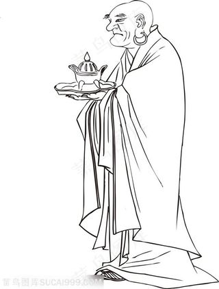 托盘食物的僧人罗汉线描矢量PNG绘画图片