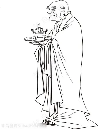 托盘食物的僧人罗汉线描矢量PNG绘画图片