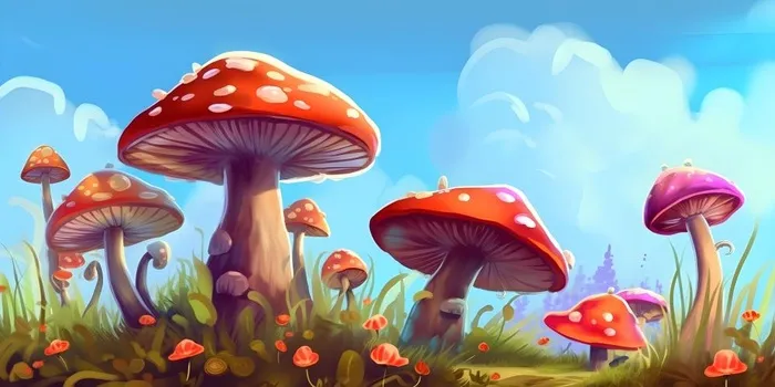 春天草丛蘑菇森林手绘插画海报素材背景(6144x3072)