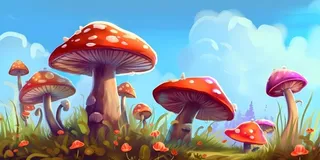 春天草丛蘑菇森林手绘插画海报素材背景