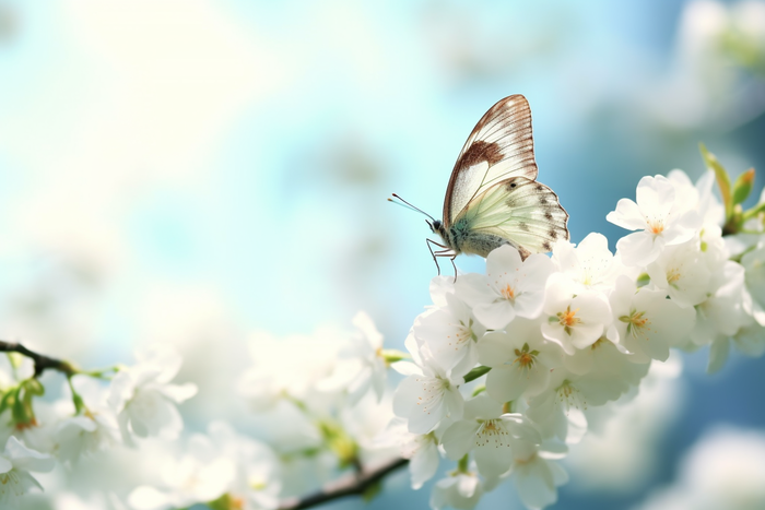 a butterfly sitting on top of a white flower, a picture by Han Gan, trending on pixabay, romanticism, flowers and butterflies, spring time, beautiful lightness (4032x2688)