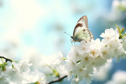 a butterfly sitting on top of a white flower, a picture by Han Gan, trending on pixabay, romanticism, flowers and butterflies, spring time, beautiful lightness 