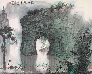 白雪石水墨山脉湖畔美景装饰画